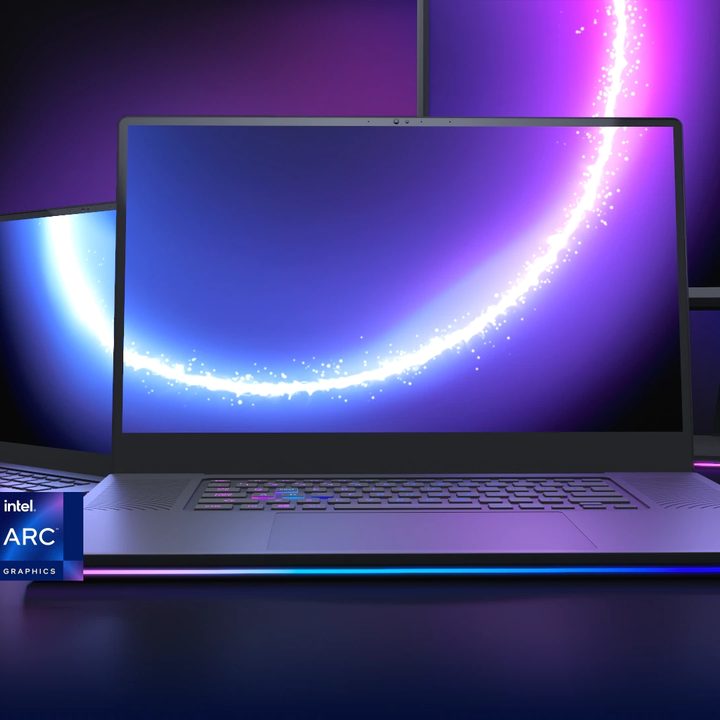 An Intel Arc Alchemist laptop with the Arc logo displayed.