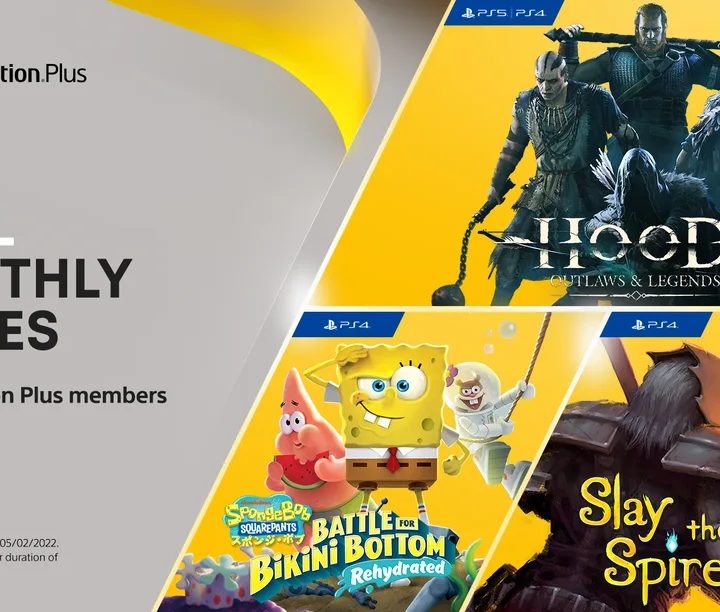 An ad featuring Hood: Outlaws & Legends, Battle for Bikini Bottom, and Slay the Spire, which are April 2022's PS Plus games.