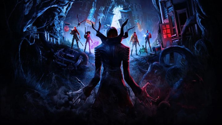 A vampire faces off against four heroes in Redfall promo art.
