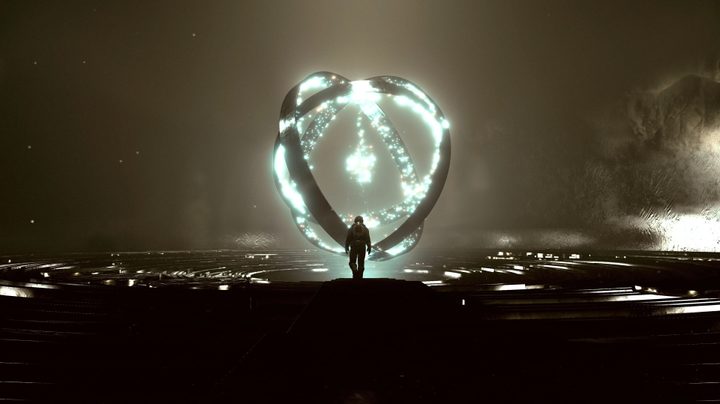 A space explorer walks toward a strange light structure in the middle of the night.