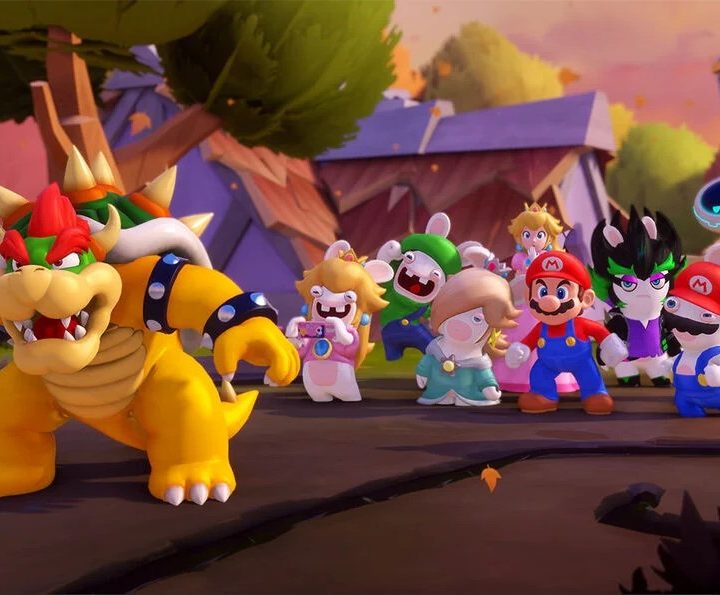 Bowser standing ahead of Mario and friends.