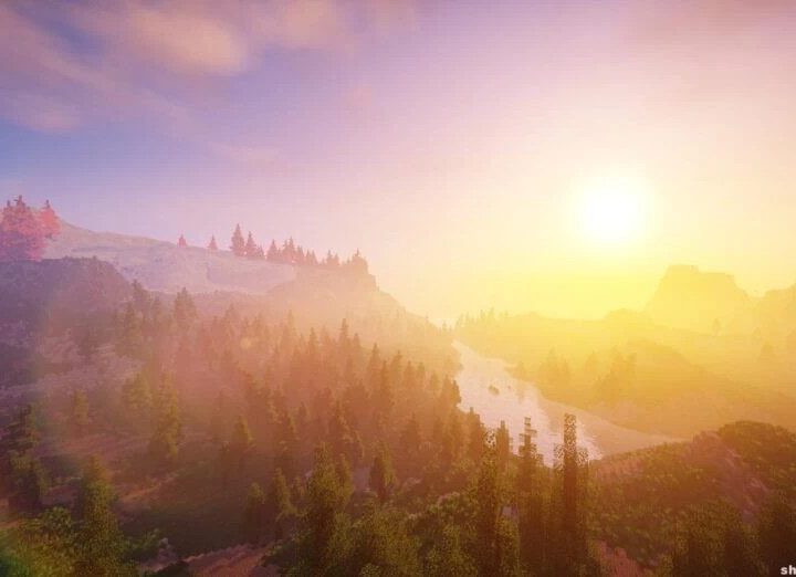 A misty minecraft landscape.