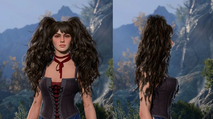 A girl in a corset with huge hair.