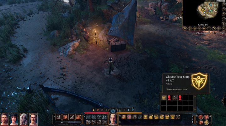 A knight in a camp choosing their stats.