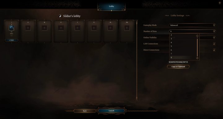 A multiplayer lobby with eight slots.