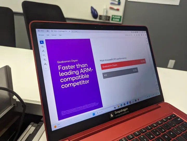 A graphic open on the screen of a Qualcomm demo laptop.