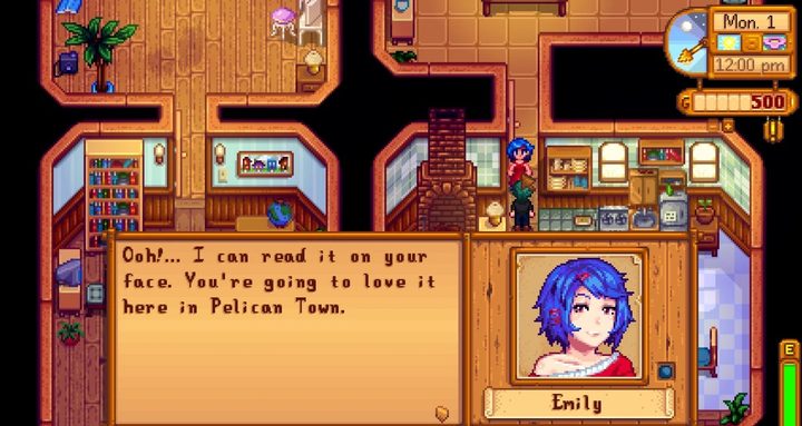 Emily talking to the player in Stardew Valley.