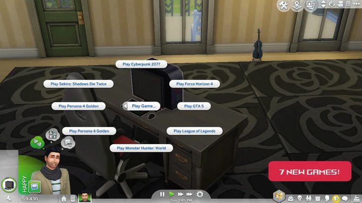 A sim choosing what video game to play.