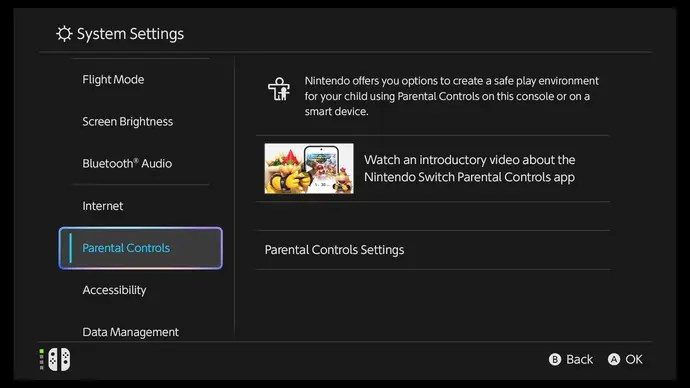 The parental control menu in the Switch 2.