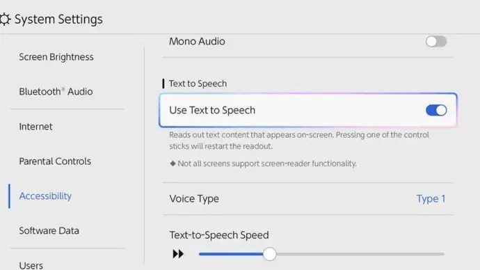 The text to speech options on the Switch 2.